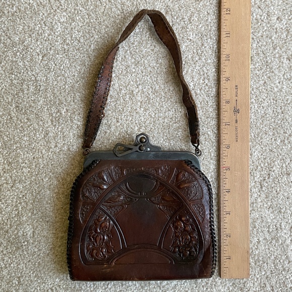 Vintage Hand Tooled Leather Metal Purse Early 1900s Antique - Picture 9 of 13
